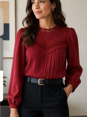 Ann Taylor Lace Yoke Long-Sleeve Blouse XXS Petite